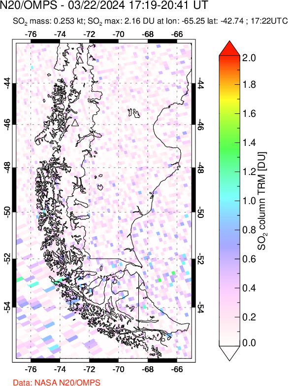 A sulfur dioxide image over Southern Chile on Mar 22, 2024.