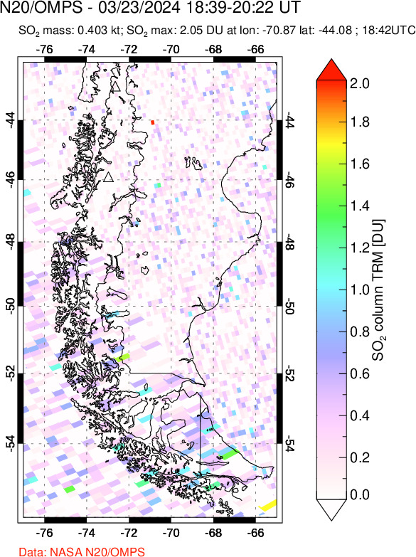 A sulfur dioxide image over Southern Chile on Mar 23, 2024.