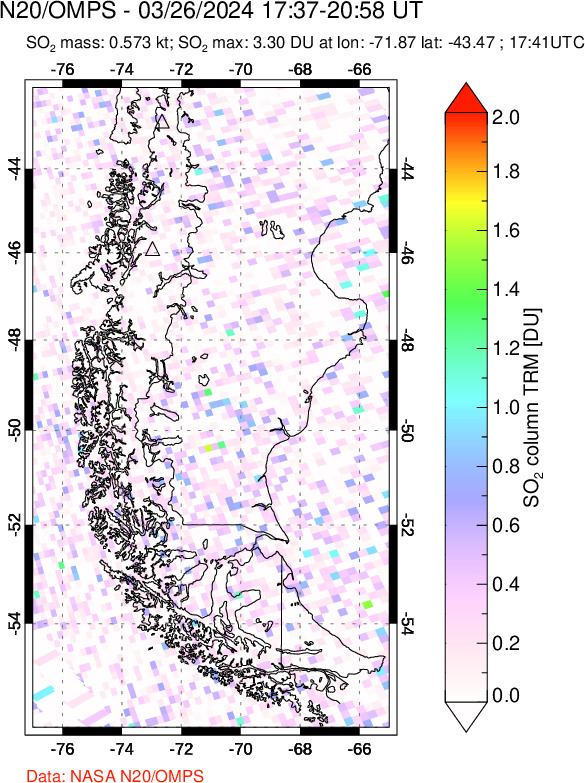 A sulfur dioxide image over Southern Chile on Mar 26, 2024.