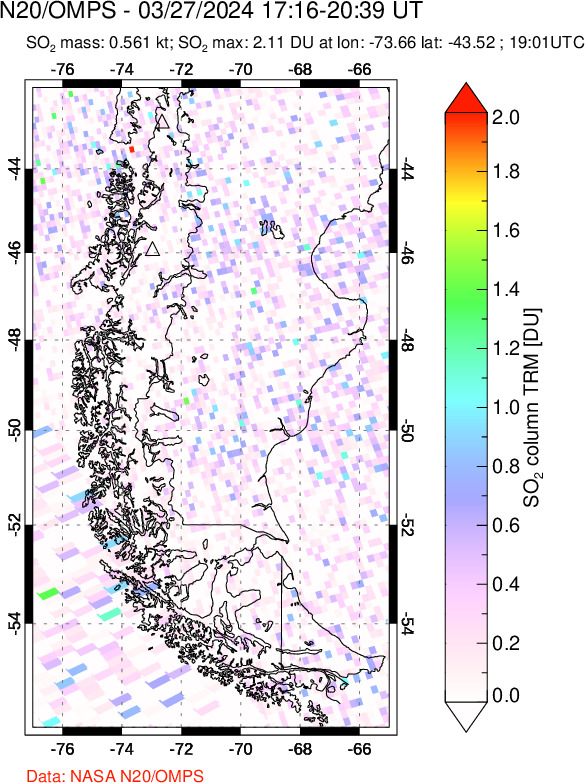 A sulfur dioxide image over Southern Chile on Mar 27, 2024.