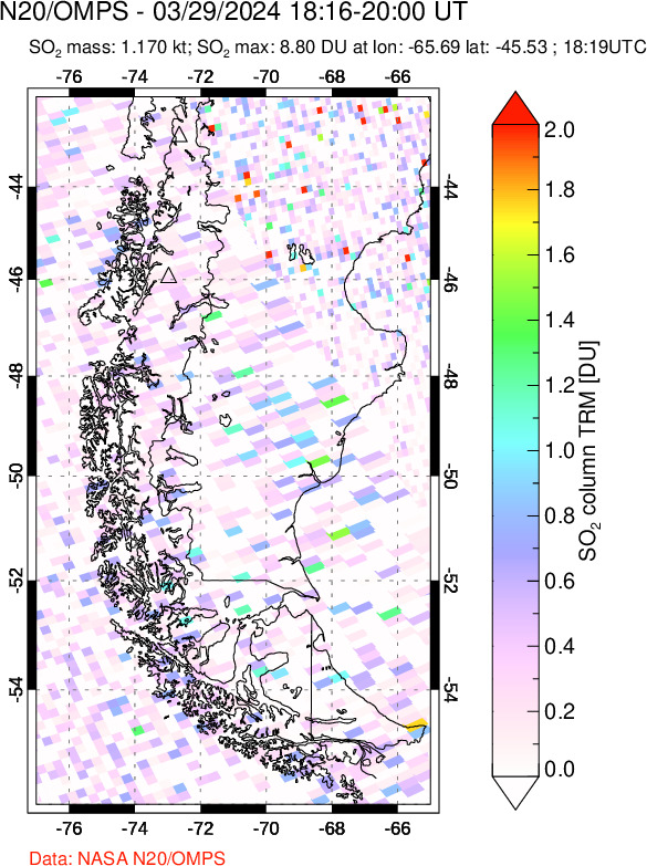 A sulfur dioxide image over Southern Chile on Mar 29, 2024.