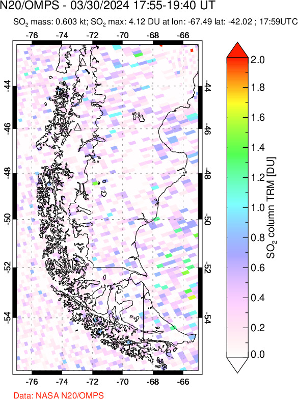 A sulfur dioxide image over Southern Chile on Mar 30, 2024.