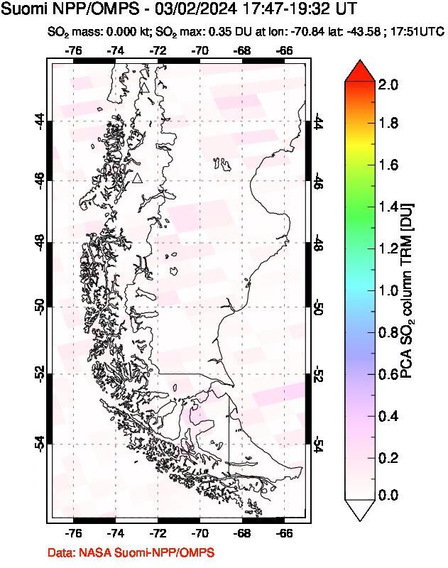 A sulfur dioxide image over Southern Chile on Mar 02, 2024.