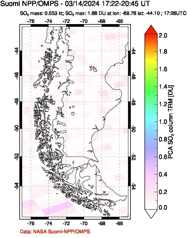 A sulfur dioxide image over Southern Chile on Mar 14, 2024.