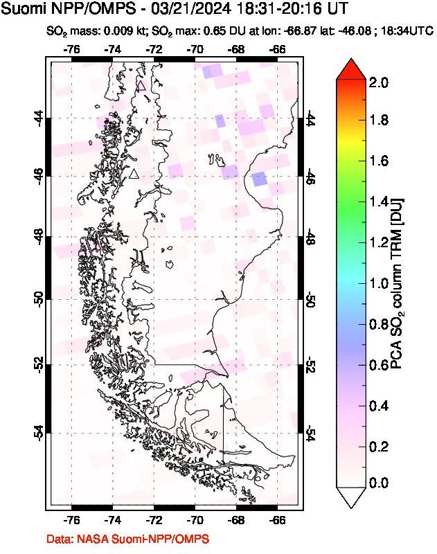 A sulfur dioxide image over Southern Chile on Mar 21, 2024.