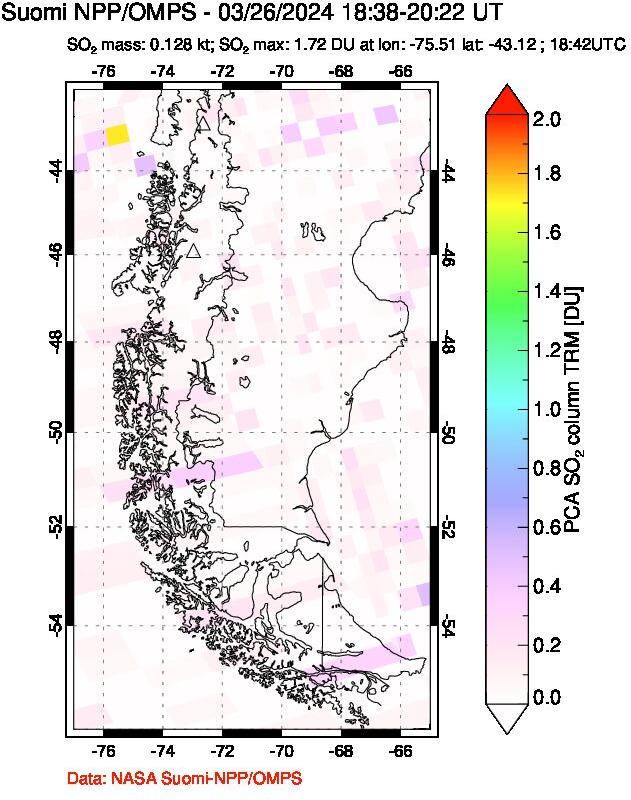 A sulfur dioxide image over Southern Chile on Mar 26, 2024.