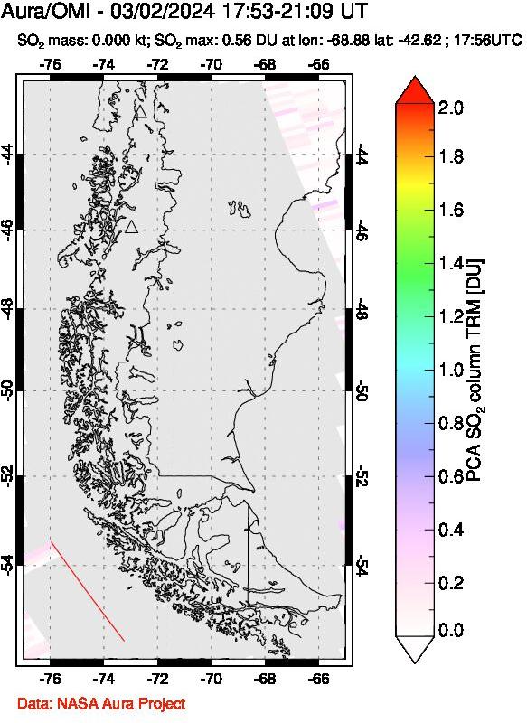 A sulfur dioxide image over Southern Chile on Mar 02, 2024.