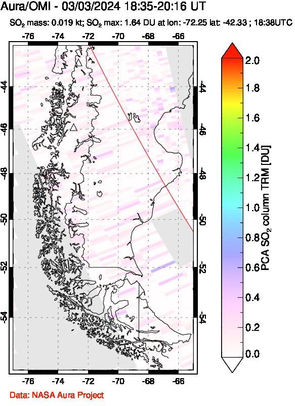 A sulfur dioxide image over Southern Chile on Mar 03, 2024.