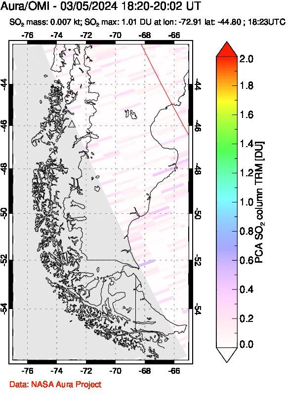 A sulfur dioxide image over Southern Chile on Mar 05, 2024.