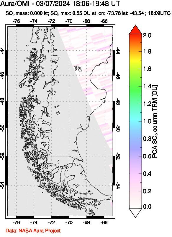 A sulfur dioxide image over Southern Chile on Mar 07, 2024.