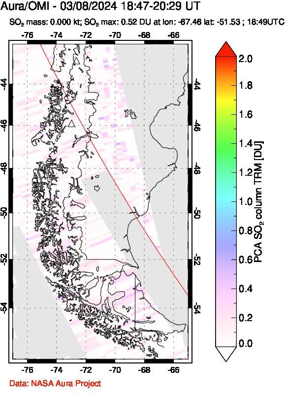 A sulfur dioxide image over Southern Chile on Mar 08, 2024.