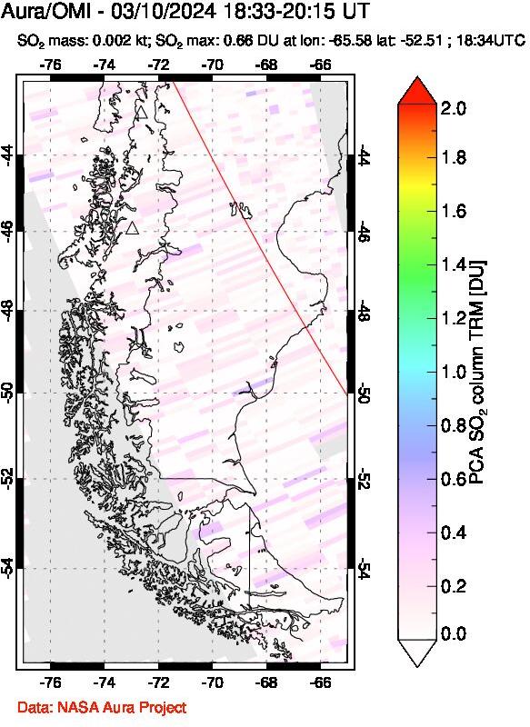 A sulfur dioxide image over Southern Chile on Mar 10, 2024.