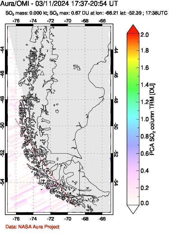 A sulfur dioxide image over Southern Chile on Mar 11, 2024.