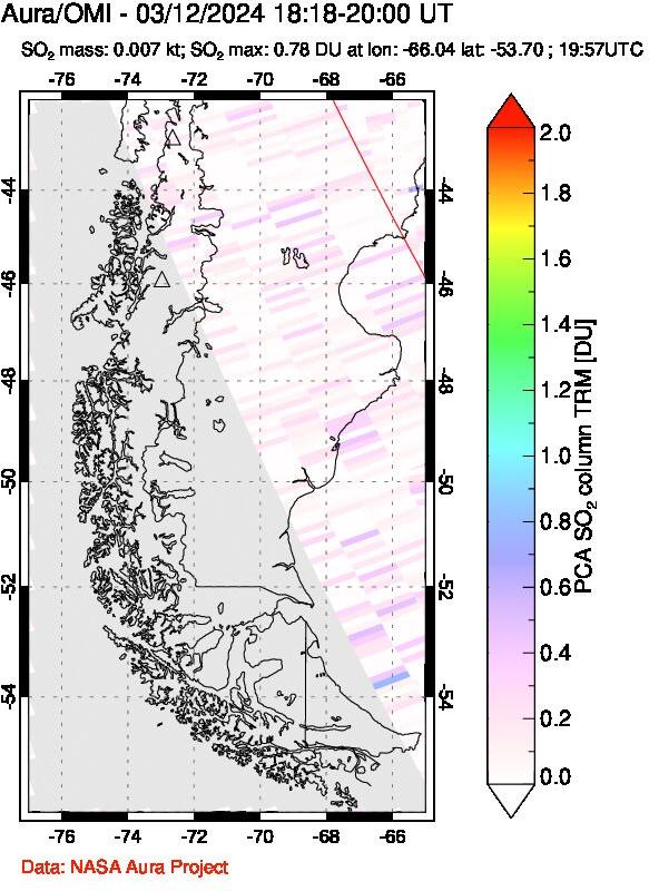 A sulfur dioxide image over Southern Chile on Mar 12, 2024.