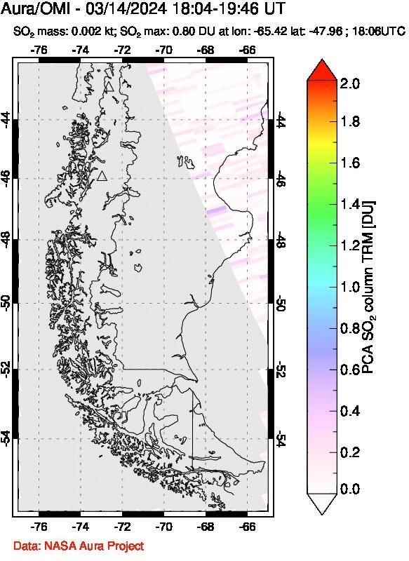 A sulfur dioxide image over Southern Chile on Mar 14, 2024.