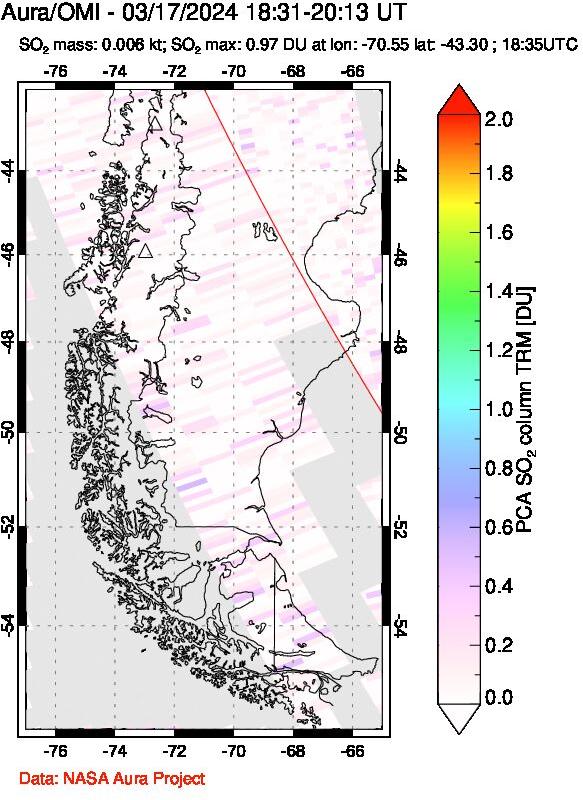 A sulfur dioxide image over Southern Chile on Mar 17, 2024.