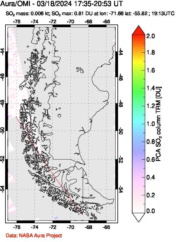 A sulfur dioxide image over Southern Chile on Mar 18, 2024.