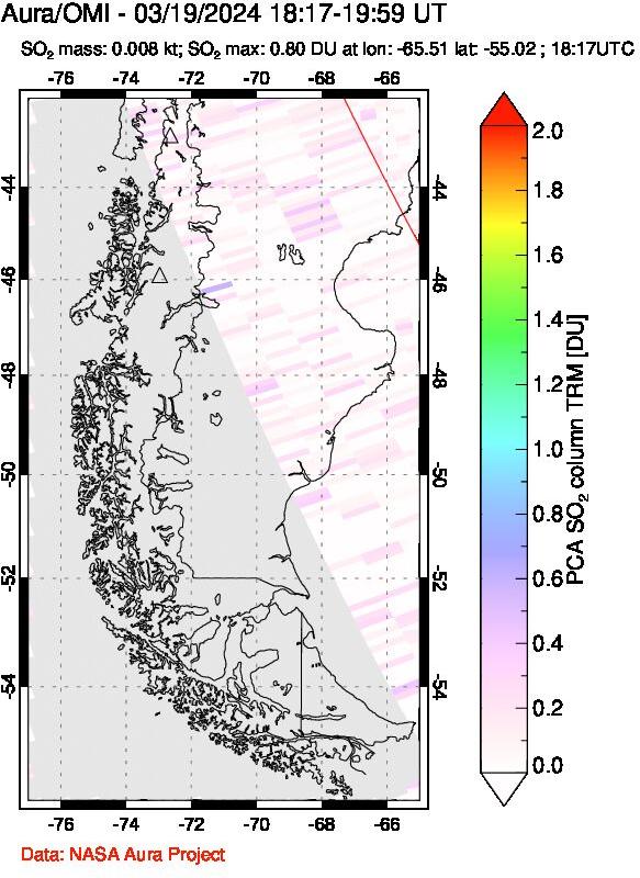 A sulfur dioxide image over Southern Chile on Mar 19, 2024.