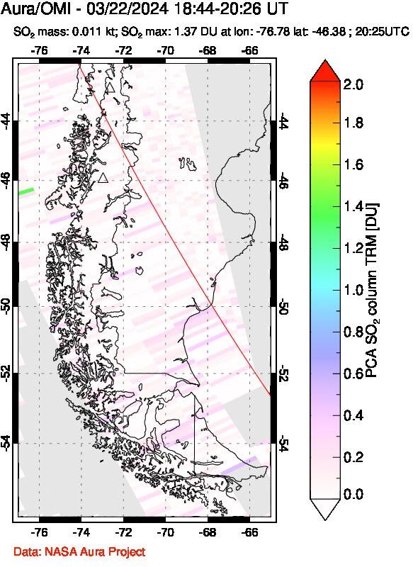 A sulfur dioxide image over Southern Chile on Mar 22, 2024.