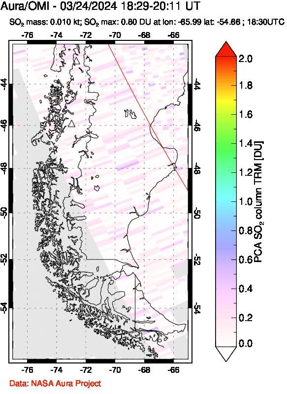 A sulfur dioxide image over Southern Chile on Mar 24, 2024.