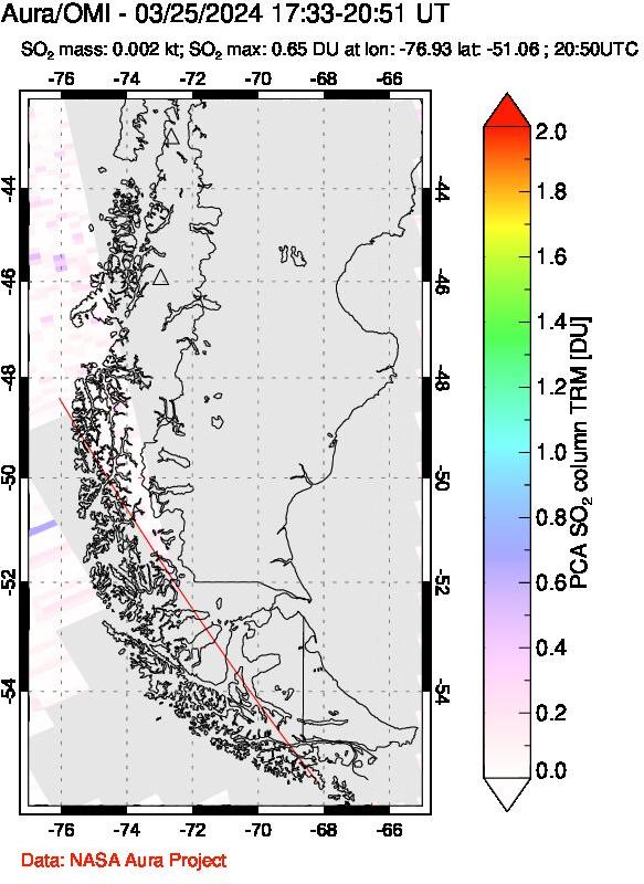 A sulfur dioxide image over Southern Chile on Mar 25, 2024.