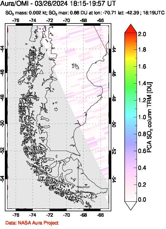 A sulfur dioxide image over Southern Chile on Mar 26, 2024.