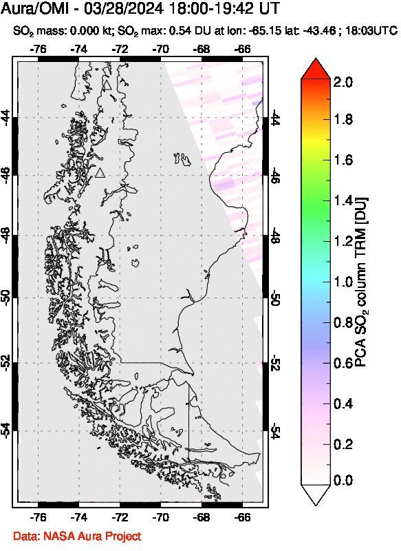 A sulfur dioxide image over Southern Chile on Mar 28, 2024.