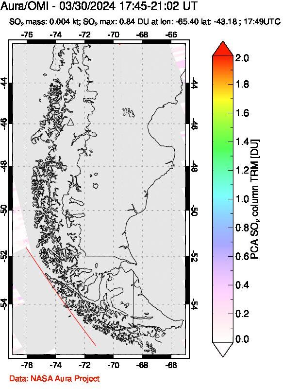 A sulfur dioxide image over Southern Chile on Mar 30, 2024.