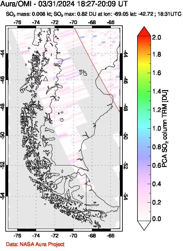 A sulfur dioxide image over Southern Chile on Mar 31, 2024.