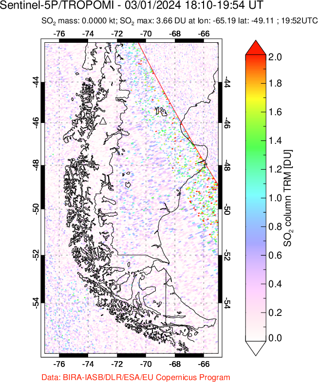 A sulfur dioxide image over Southern Chile on Mar 01, 2024.