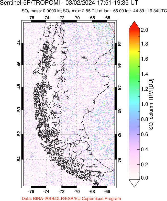 A sulfur dioxide image over Southern Chile on Mar 02, 2024.