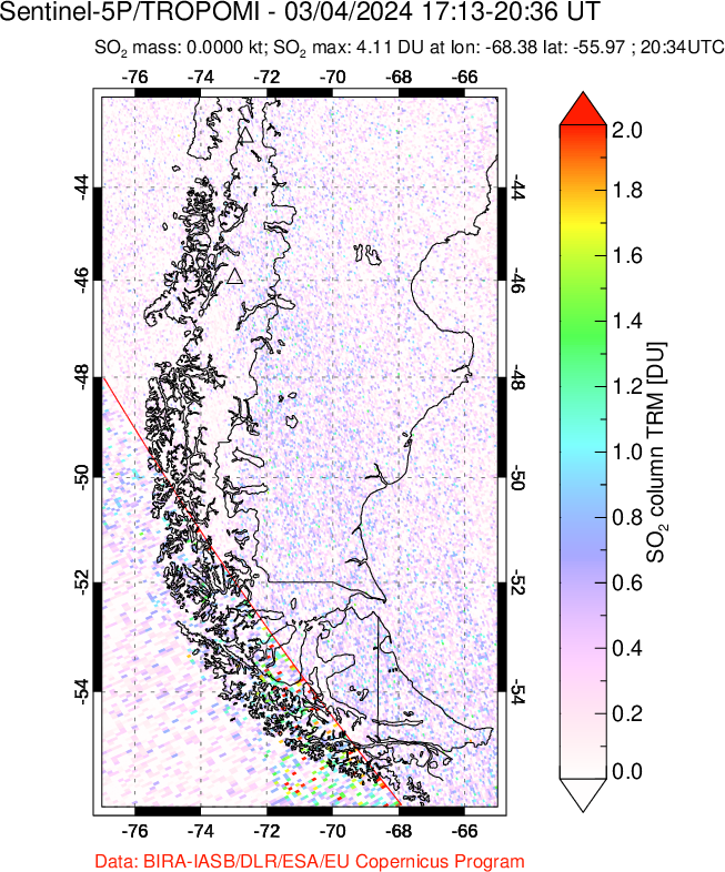 A sulfur dioxide image over Southern Chile on Mar 04, 2024.