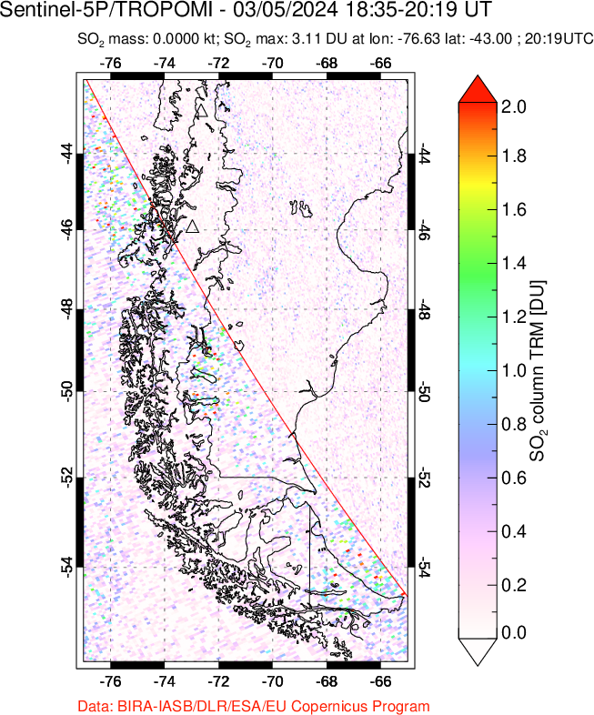 A sulfur dioxide image over Southern Chile on Mar 05, 2024.