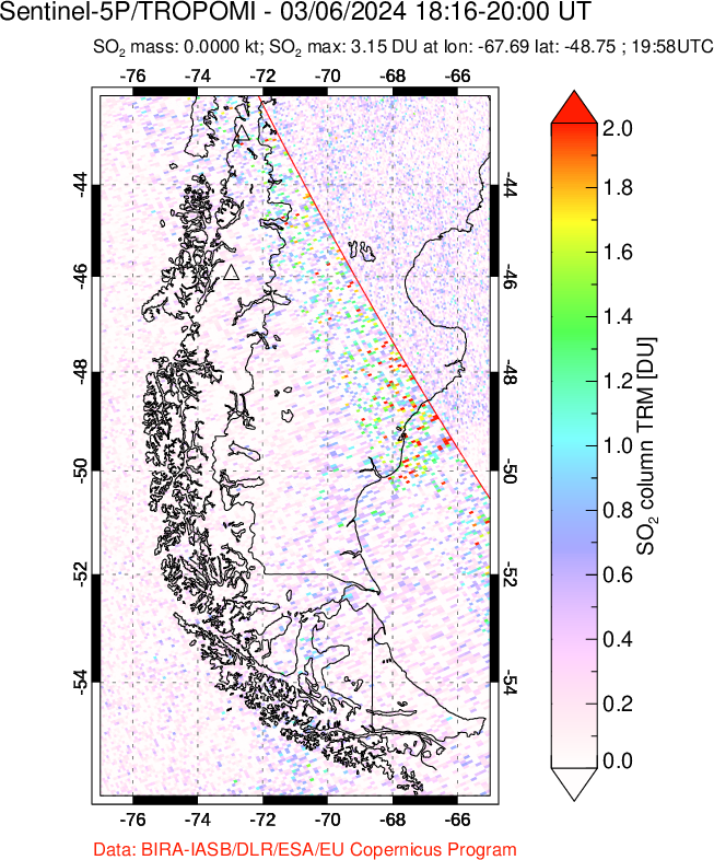 A sulfur dioxide image over Southern Chile on Mar 06, 2024.