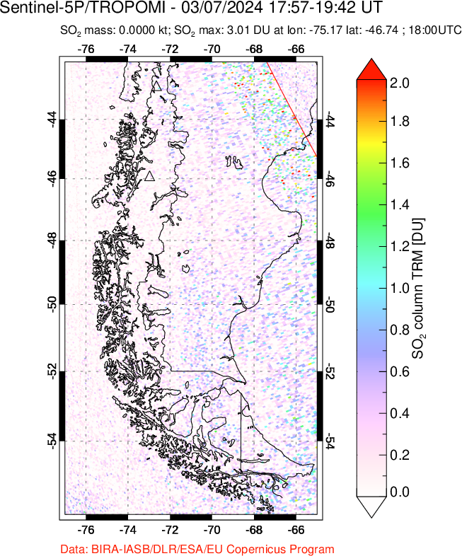 A sulfur dioxide image over Southern Chile on Mar 07, 2024.