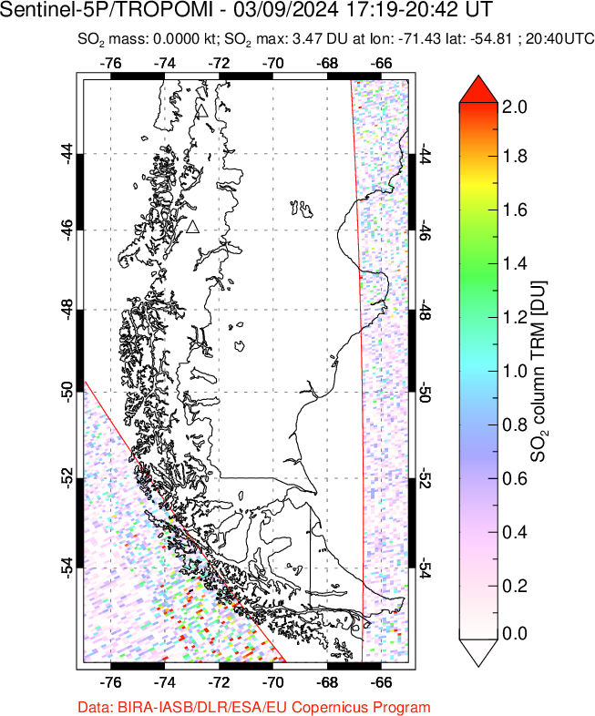 A sulfur dioxide image over Southern Chile on Mar 09, 2024.