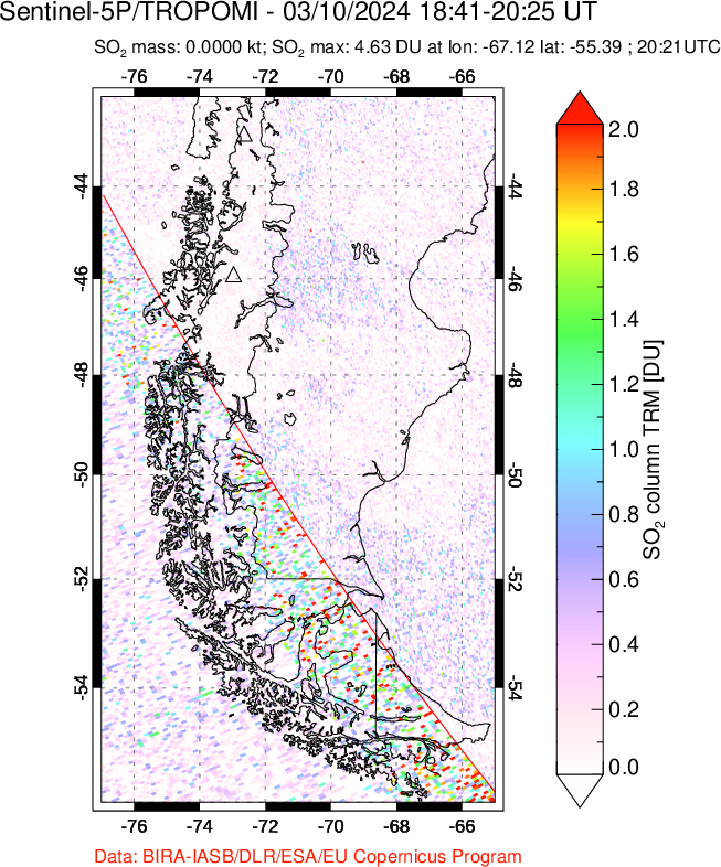 A sulfur dioxide image over Southern Chile on Mar 10, 2024.