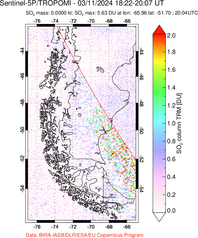 A sulfur dioxide image over Southern Chile on Mar 11, 2024.