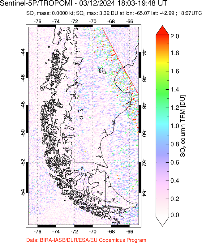 A sulfur dioxide image over Southern Chile on Mar 12, 2024.