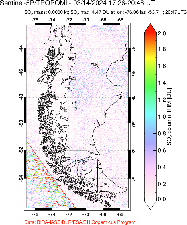 A sulfur dioxide image over Southern Chile on Mar 14, 2024.