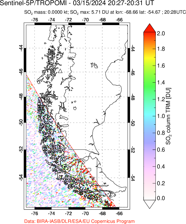 A sulfur dioxide image over Southern Chile on Mar 15, 2024.