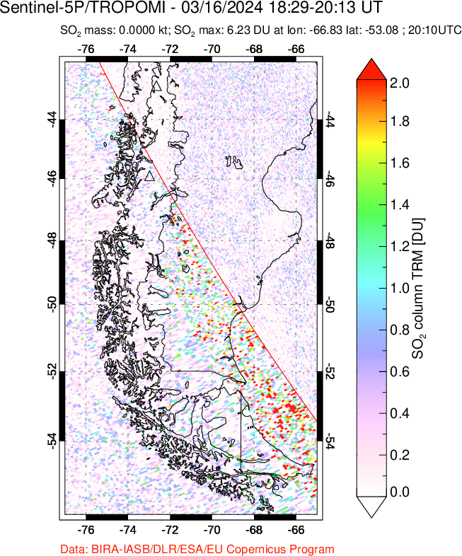 A sulfur dioxide image over Southern Chile on Mar 16, 2024.