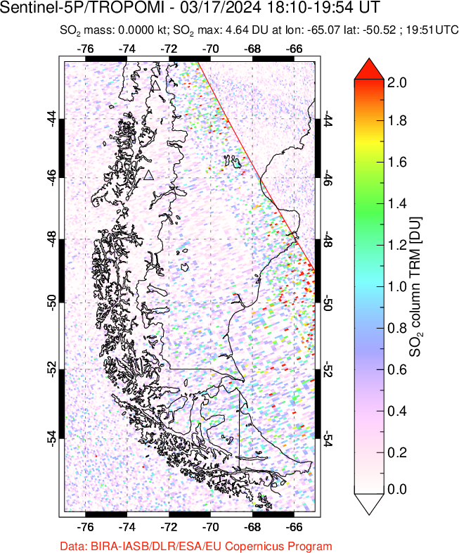 A sulfur dioxide image over Southern Chile on Mar 17, 2024.