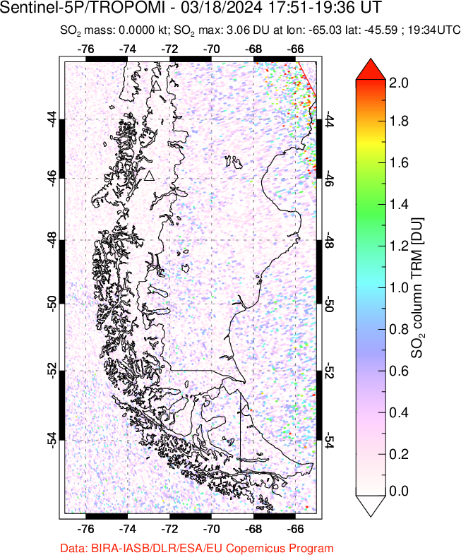 A sulfur dioxide image over Southern Chile on Mar 18, 2024.