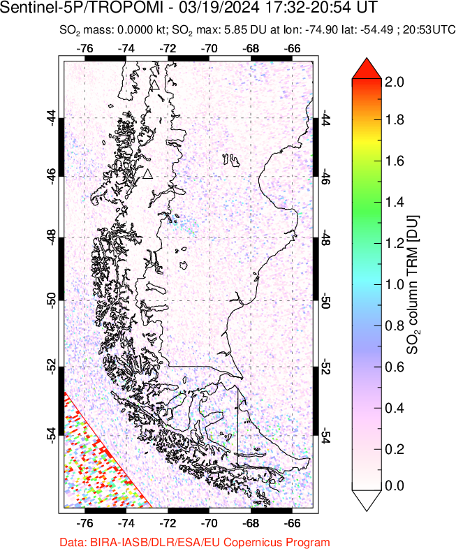 A sulfur dioxide image over Southern Chile on Mar 19, 2024.