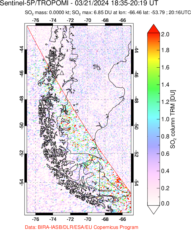 A sulfur dioxide image over Southern Chile on Mar 21, 2024.