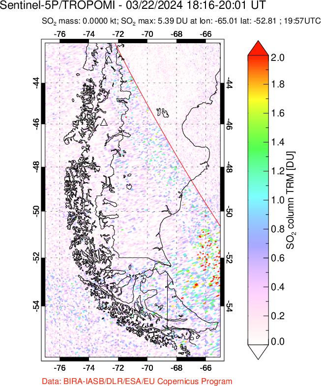 A sulfur dioxide image over Southern Chile on Mar 22, 2024.