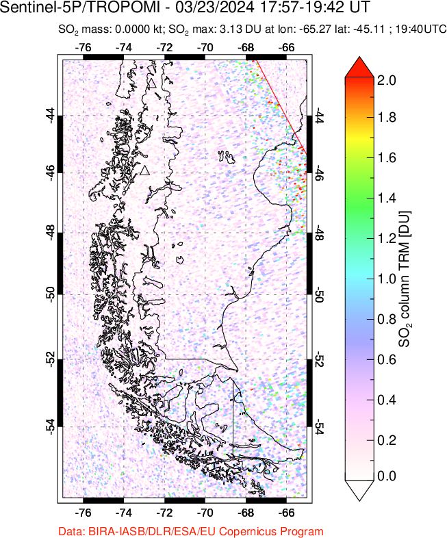 A sulfur dioxide image over Southern Chile on Mar 23, 2024.