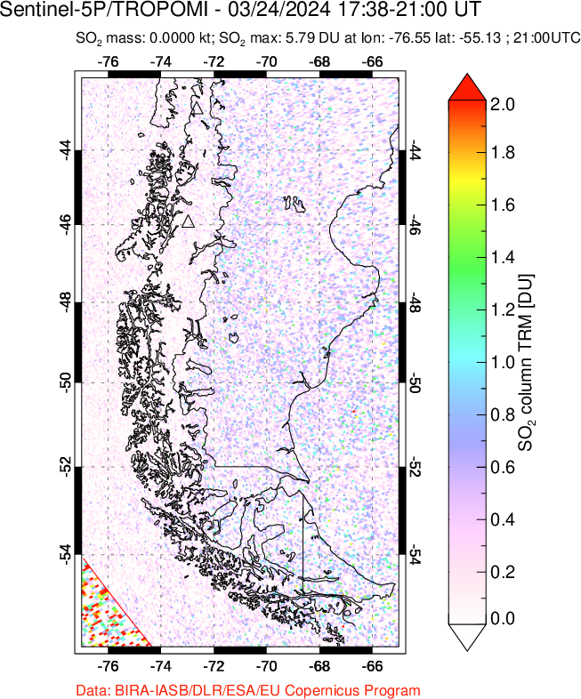 A sulfur dioxide image over Southern Chile on Mar 24, 2024.