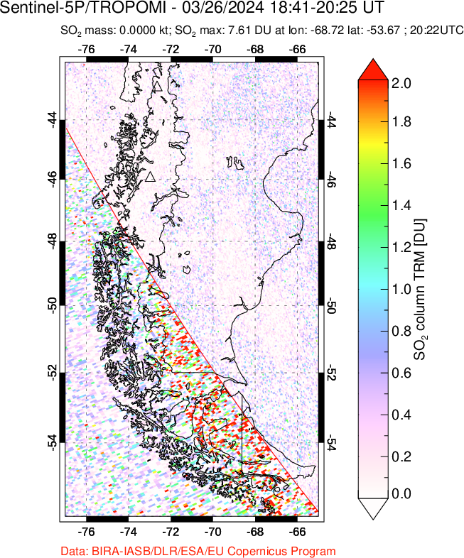 A sulfur dioxide image over Southern Chile on Mar 26, 2024.